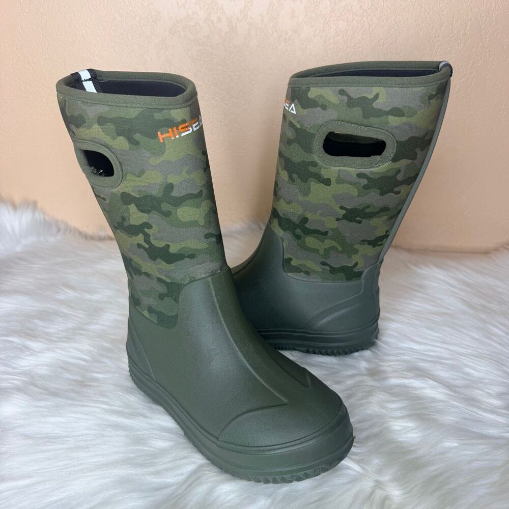 HISEA Kids Rain Boots Waterproof Rubber Neoprene Boots Olive Green Camo Print Si